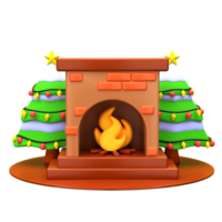 3d illustration fireplace and christmas pine tree object. 3D creative Christmas design icon. 3D Rendering. png