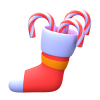 3d illustration christmas sock with candy cane object. 3D creative Christmas design icon. 3D Rendering. png