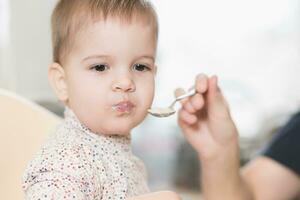 mom in the kitchen is feeding the baby milk porridge photo