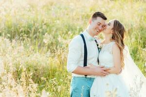 the bride and groom are photographed on the nature photo