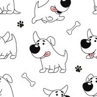 Cartoon dog seamless pattern, background. Funny happy dog, comic character in various poses, vector drawing