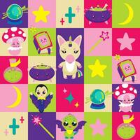 Nursery seamless background. Squares and magic characters, unicorn, mushroom, dragon. Magical vector pattern.