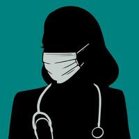 A silhouette of a women doctor wearing a face mask isolated on green background vector