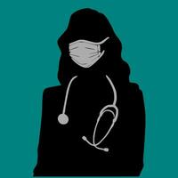 A silhouette of a women doctor wearing a face mask isolated on green background vector