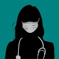 A silhouette of a women doctor wearing a face mask isolated on green background vector