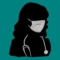 A silhouette of a women doctor wearing a face mask isolated on green background vector