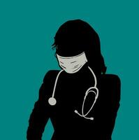 A silhouette of a women doctor wearing a face mask isolated on green background vector