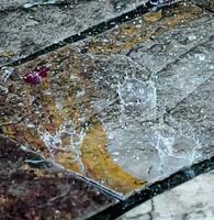 rain water drops splashing against the ground when falling photo