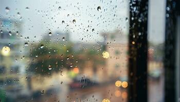 ai generado ver de el lluvia desde detrás el vaso foto