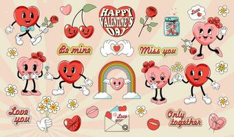 A set of elements for Valentines Day. Hearts characters in retro style 60x, 70x vector