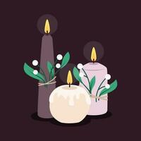 Set of cozy purple and pink candles with mistletoe. Illustration in flat style. vector