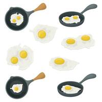 A set of fried chicken eggs. Eggs in a frying pan. Vector illustration.