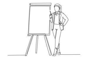 Single continuous line drawing of young businesswoman presenting new golden rules of company to the workers. Effective training presentation concept. One line draw graphic design vector illustration