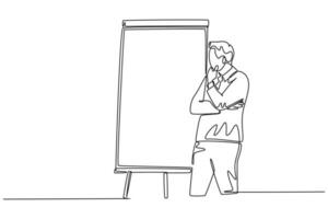 Single continuous line drawing of young business coach teaching strategy to increase company growth on flip chart in front of class. Business coaching. One line draw graphic design vector illustration