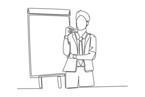 Single one line drawing businessman presenter drawing graph chart on screen board while on meeting. Business presentation at the office concept. Continuous line draw design graphic vector illustration