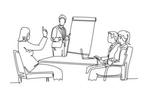 Single continuous line drawing of young happy business instructor teaching interpersonal skill to the attendees during presentation. Business training. One line draw graphic design vector illustration