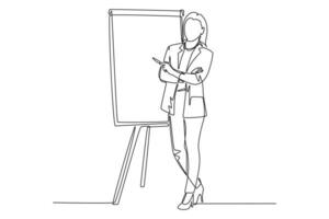 Single continuous line drawing of young female presenter thinking while doing presentation at office during meeting. Work presentation concept. Dynamic one line draw graphic design vector illustration