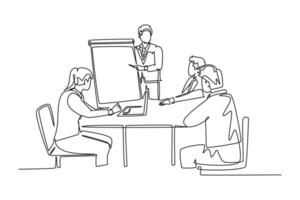 Continuous one line drawing young happy instructor presenting marketing strategy at the office group discussion. Sales improvement meeting concept. Single line draw design vector graphic illustration