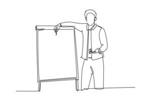 Single continuous line drawing of young startup CEO present new golden rules of company at team meeting. Workshop presentation at the office concept. One line draw graphic design vector illustration