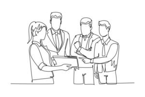 Single continuous line drawing young happy male and female workers standing and discussing project at meeting room. Work discussion at office concept. One line draw graphic design vector illustration