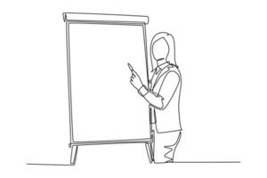 Single one line drawing young female presenter teaching how to do effective presentation. Productive presentation at the office concept. Modern continuous line draw design graphic vector illustration