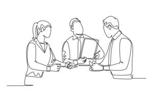 Single one line drawing young startup founder explain profit sharing plan to the investors during meeting. Business investment concept. Modern continuous line draw design graphic vector illustration