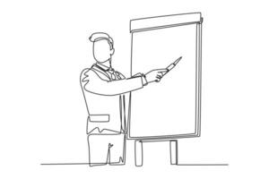 Single one line drawing young happy startup founder presenting business proposal to the investors. Business presentation at the office concept. Continuous line draw design graphic vector illustration