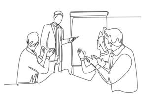 Single one line drawing young happy business trainer presenting great lesson and clapped by the audience during meeting. Team training concept. Continuous line draw design graphic vector illustration