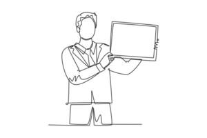 Single one line drawing of young presenter giving instruction using little blackboard while meeting at office. Work presentation concept. Modern continuous line draw design graphic vector illustration