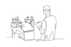 Single one line drawing young happy manager leading presentation of company annual report at the office room. Business meeting concept. Modern continuous line draw design graphic vector illustration