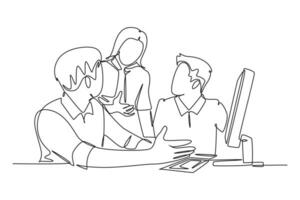 Single continuous line drawing of young businessmen discussing new product launch during team meeting. Business innovation discussion concept. Dynamic one line draw graphic design vector illustration