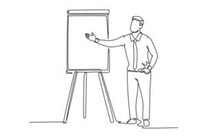 Continuous one line drawing of young success business manager giving lecture to apprentice during work meeting. Work presentation at office concept. Single line draw design vector graphic illustration