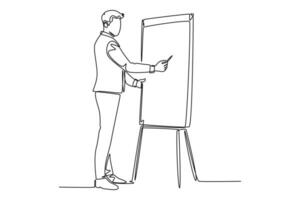 Continuous one line drawing of young sales manager pointing a finger to the infographic on screen board during meeting. Work presentation at office. Single line draw design vector graphic illustration