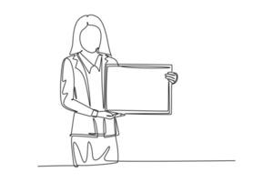 Single one line drawing of young female presenter presenting new product launch using tablet while meeting at office. Work presentation concept. Continuous line draw design graphic vector illustration