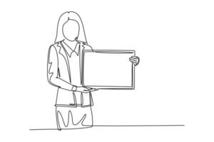 Single one line drawing of young female presenter presenting new product launch using tablet while meeting at office. Work presentation concept. Continuous line draw design graphic vector illustration