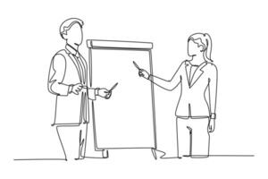 Single one line drawing young happy male and female business coach speaking in front of the class. Coaching course and meeting concept. Modern continuous line draw design graphic vector illustration