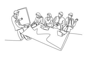 Single one line drawing young male business manager giving presentation to train apprentices at the office during meeting. Job training concept. Continuous line draw design graphic vector illustration