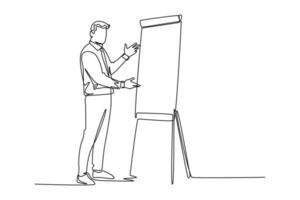 Single one line drawing presenter present product technology innovation to his colleagues at the office. Work strategic planning presentation. Continuous line draw design graphic vector illustration