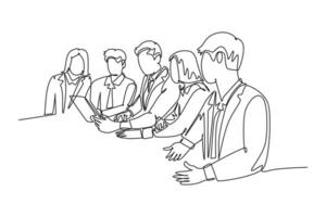 Continuous one line drawing of young presenter presenting business strategy to increase sales during office meeting. Business plan group discussion. Single line draw design vector graphic illustration