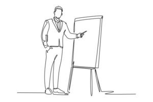 Continuous one line drawing young smart manager writing business success formula on flip chart and share it to audience. Business training concept. Single line draw design vector graphic illustration