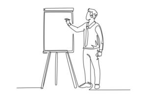 Single continuous line drawing young smart presenter explaining business strategy during team meeting. Effective training presentation for work office. One line draw graphic design vector illustration