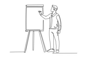 Single continuous line drawing young smart presenter explaining business strategy during team meeting. Effective training presentation for work office. One line draw graphic design vector illustration