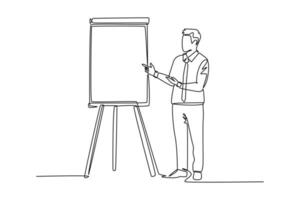 Continuous one line drawing young businessman pointing the infographic on screen board using a marker. Business presentation at the office concept. Single line draw design vector graphic illustration