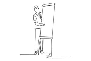 Continuous one line drawing of young business coach teaching strategy to increase sales product to sales team at office. Business coaching concept. Single line draw design vector graphic illustration