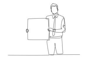 Single one line drawing young presenter holding big screen board to introduce new product of company. New product launch presentation concept. Continuous line draw design graphic vector illustration