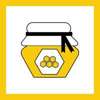 Honey jar sign icon - flat vector illustration with yellow frame. Icon on the theme of honey and beekeeping