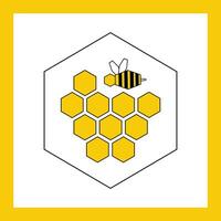 Bee and honeycomb sign icon - flat vector geometric illustration with yellow frame. Icon on the theme of honey and beekeeping