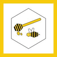 Icon sign bee and honey dipper with drops in cell - flat vector geometric illustration with yellow frame. Icon on the theme of honey and beekeeping