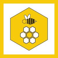 Bee and flower sign icon in yellow honey cell - flat vector geometric illustration with yellow frame. Icon on the theme of honey and beekeeping