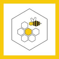 Icon sign bee and daisy flower in honey cell - flat vector geometric illustration with yellow frame. Icon on the theme of honey and beekeeping